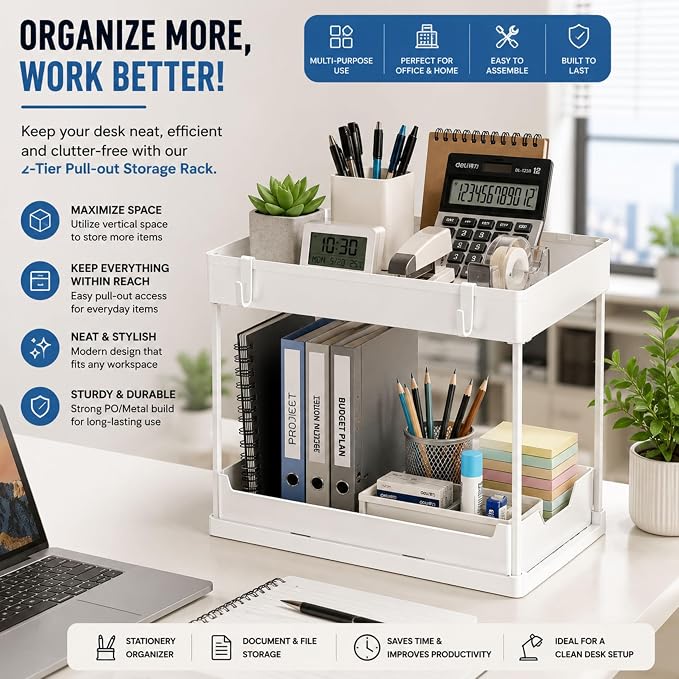 Under Sink Organizer, 2 Tier Pull-Out Storage Organizer with Sliding Drawer & Hooks, Multi-Purpose Cabinet Organizer for Kitchen, Bathroom, Pantry, Laundry Room & Office, White