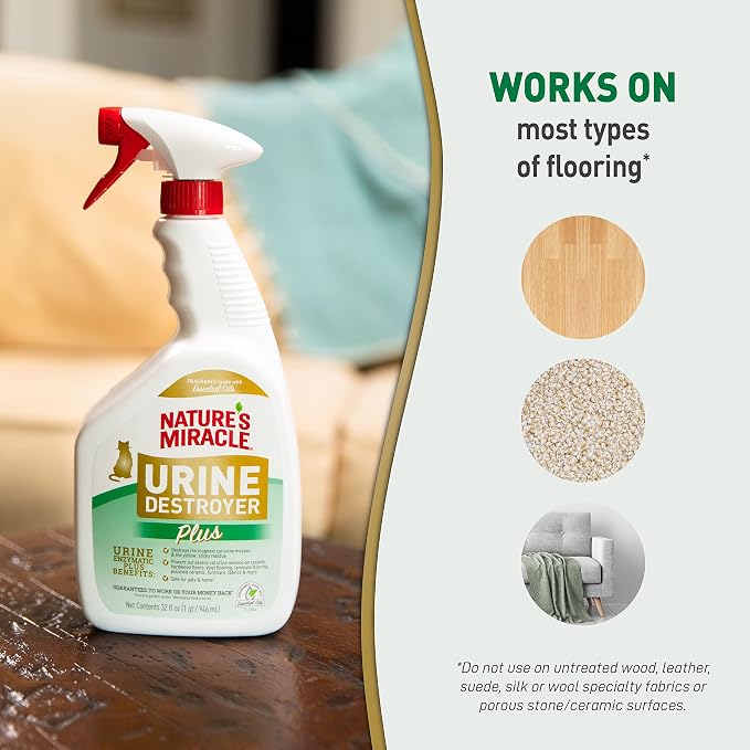 Nature’s Miracle Urine Destroyer Plus Cat,32 Ounces,Unscented,Enzymatic Formula,Ready-to-Use,(Pack of 12)