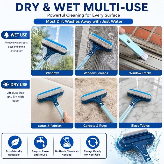 Window Screen Cleaner Brush, 3-in-1 Mesh Screen Cleaning Brush with Squeegee and Detachable Long Handle, Professional Soot and Dust Remover for Window, Patio, Door, Multi-Purpose Home Cleaning Kit