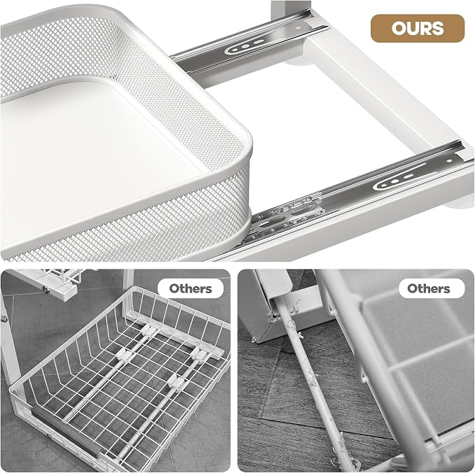 1-Pack Under Sink Storage Organizer with 2-Tier Slide Out Drawer, Sophisticated Mesh Pull Out Shelf for Kitchen & Bathroom, Fits Small Items, Upgraded Arched Track for Smooth Gliding-White