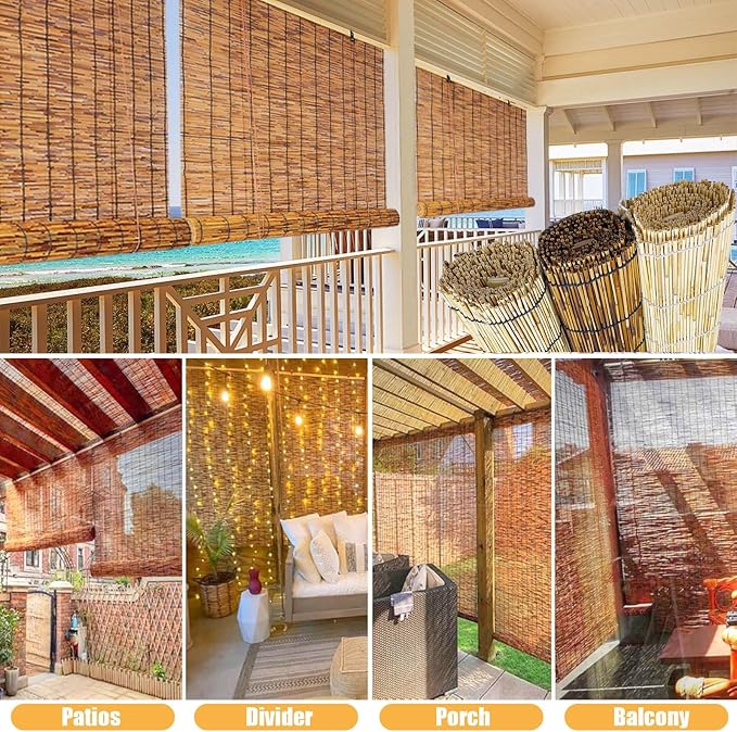Cordless Bamboo Outdoor Blinds for Patio - Waterproof Reed Roller Shades for Porch Deck, Light Filtering Sun Shade Privacy Screen for Gazebo Pergola Windows, Retro Roman Shade(16" W x 82" H)