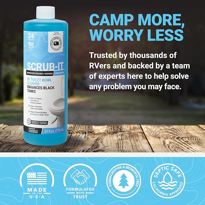 Unique Scrub-It Liquid RV Toilet Bowl Cleaner, Helps Lubricate Seals, 24 oz | Targeted squirt-top bottle for RV toilet bowls, cleans stains, odors, & debris; non-caustic formula; unscented