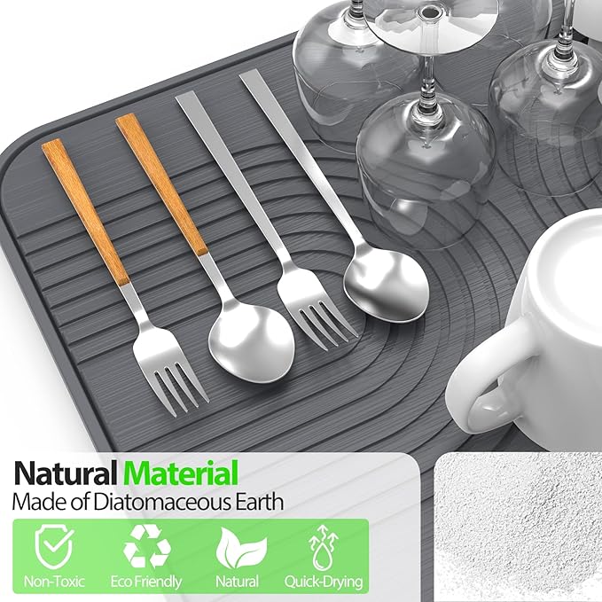 2 PCS Stone Dish Drying Mat ＆ Silicone Mat for Kitchen Counter – Diatomaceous Earth Bath Mat for Bathroom, 16.14"L×12.4"W×2 Quick Dry Mats for Dishes ,Bottles, Cups, Match Any Countertop(Gray)