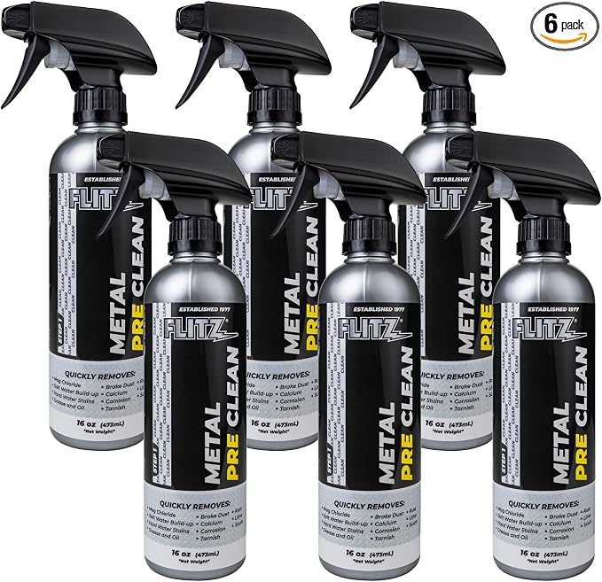 Flitz Metal Pre-Clean - 16oz of USA-Made Stainless Steel Cleaner Spray - Works on Aluminum, Brass, Copper, & More - Tarnish, Rust Remover for Metals - Non-Abrasive Aluminum Deoxidizer (6 Pack)
