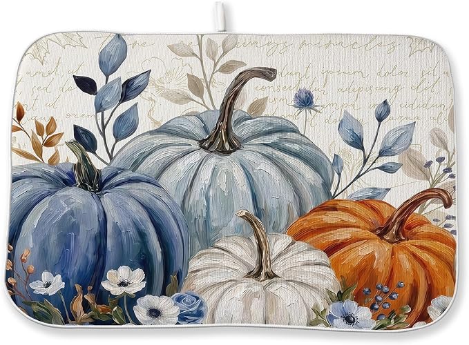 Fall Checkered Dish Drying Mats 18x24 Inch White Orange Blue Pumpkin Drying Mats Holiday Thanksgiving Autumn Outdoor Dish Drying Pad Dish Rack Drainer Mats for Kitchen Dining Room Counter Decor