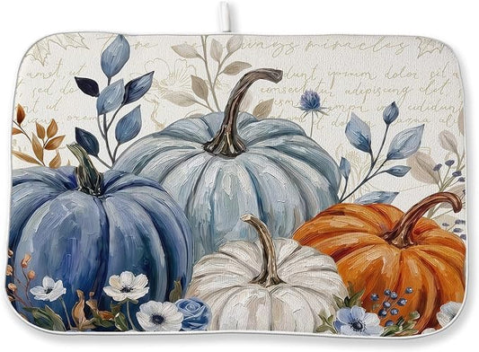 Fall Checkered Dish Drying Mats 18x24 Inch White Orange Blue Pumpkin Drying Mats Holiday Thanksgiving Autumn Outdoor Dish Drying Pad Dish Rack Drainer Mats for Kitchen Dining Room Counter Decor