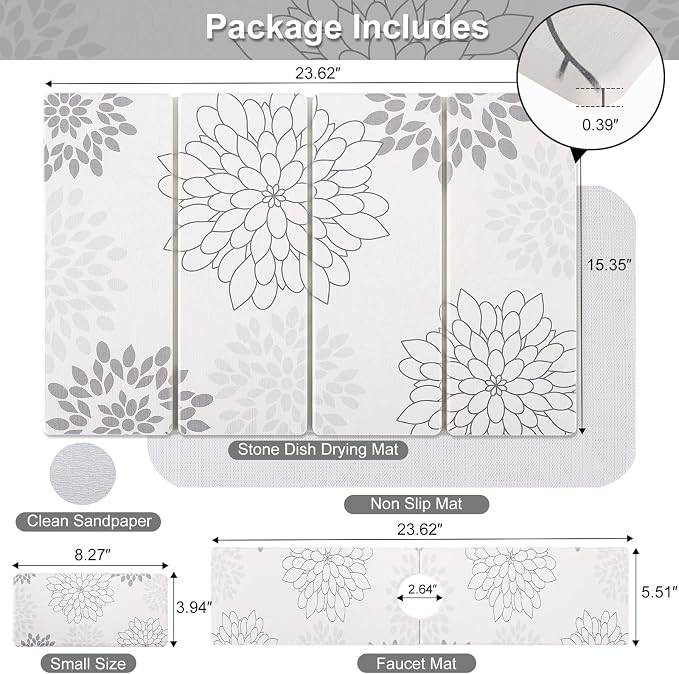 Stone Drying Mat for Kitchen Counter 3-Pack, Soft Diatomaceous Earth Absorbent Mat Set, Quick Dry Stone Faucet Splash Guard & Small Drying Pad, Foldable Diatomite Stone for Pet, Plant & Bath