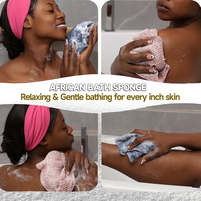 SubSahara Authentic African Net Sponge - 2 Pieces Exfoliating Scrubber for All Skin Types, Bath Sponge for Face & Body, Travel Portable, Durable, Gentle Exfoliation (Slate Blue & Bean Paste Pink)
