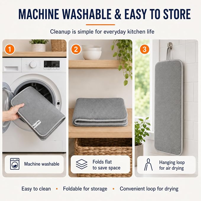 Dish Drying Mat 24 x 17 in, Large Microfiber Drying Mats, Absorbent Quick Dry Pad for Kitchen Counter, Countertop Protector for Dishes, Pots & Pans, Machine Washable, Gray (2 PCS)