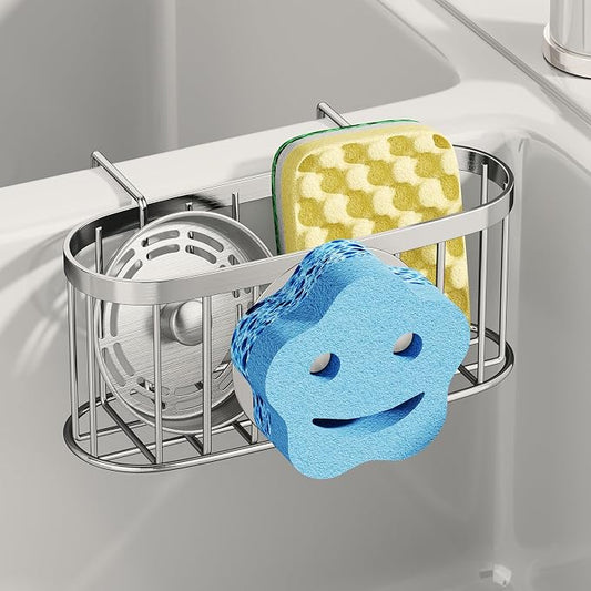 SWTYMIKI Sponge Holder for Kitchen Sink - Movable Sink Caddy with Smiley Face Sponge Holder, Rustproof Hanging Sponge Organizer in Double Bowl Sinks Depth>3.15in, Middle Divider<1.5in, Silver