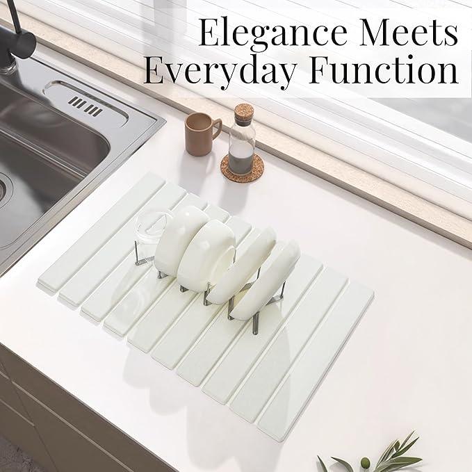 Diatomaceous Stone Dish Drying Mat with Collapsible Rack | Steel Rack, Quick Dry, Space Saving, Foldable Dryer, Kitchen Counter Set