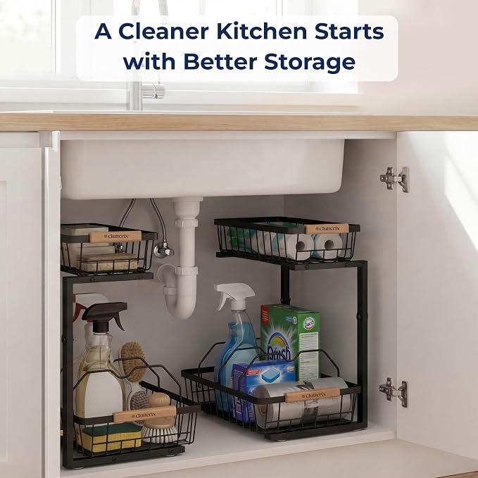 Under Sink Organizer with Motion-Activated LED Lights, 2 Pack, 2 Tier Sliding L-Shaped Carbon Steel Rack with Adjustable Height, Dividers & Hooks (Black)