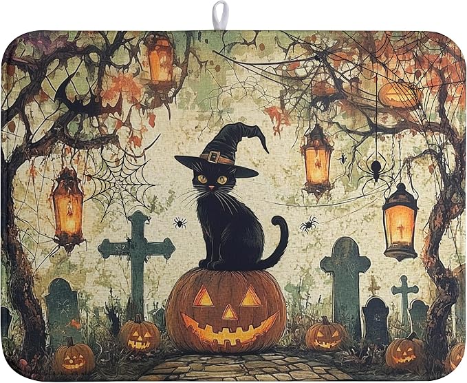 Halloween Dish Drying Mat 18x24 Inch Black Cat Pumpkin Spooky Dish Pad Absorbent Microfiber Dishes Draining Mats Washable Dish Drainer Rack Mat for Kitchen Countertop