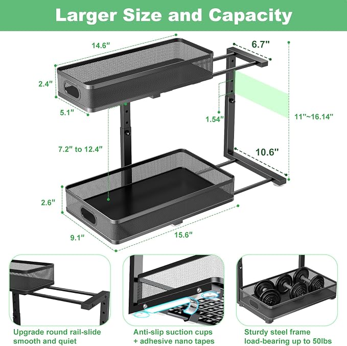 Under Sink Organizer 2 Pack, High Adjustable 2 Tier Under Sink Organizers and Storage, Slide out Metal Cabinet Organizers, Pull out Storage Drawer Shelf for Kitchen Bathroom Cabinet (Black-1pack)