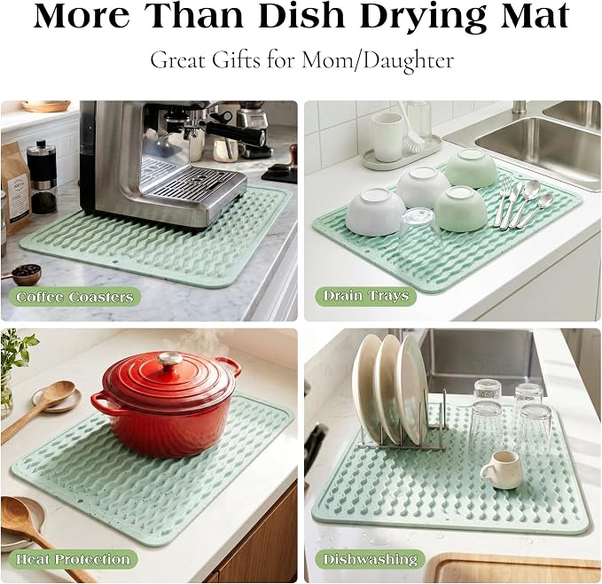 CAKETIME 2 Pack Multicolor Silicone Dish Drying Mat for Kitchen Counter Placemats Cooking Must Haves Household Dining Finds Simple Bathroom Dryer Rubber Work Place Covers 15"x11.5" Green