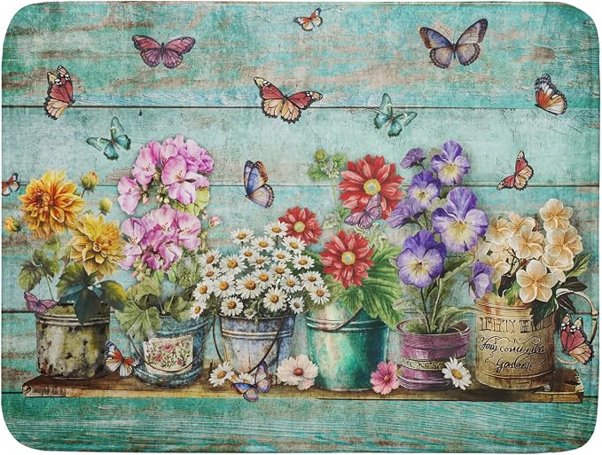 Spring Floral Rustic Dish Drying Mat for Kitchen Counter Absorbent Microfiber Large Drying Pad 18 x 24 Inch Flowers Jars