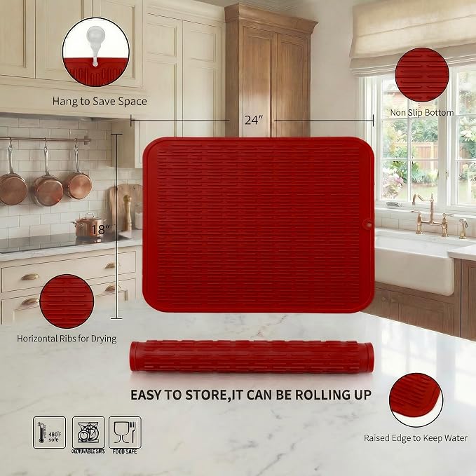 MicoYang Silicone Dish Drying Mat for Multiple Usage,Easy clean,Eco-friendly,Heat-resistant Silicone Mat for Kitchen Counter or Sink,Refrigerator or Drawer Liner Red 2XL 24 inches x 18 inches