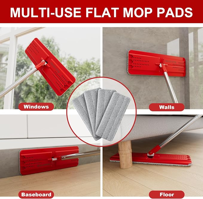 BOSHENG Flat Mop Pads, Reusable Mop Cleaning Refills, Microfiber Pads for BOSHENG Flat Mop or Mop Bucket System, Pack of 4 Washable 13-Inch Mop Heads - Grey