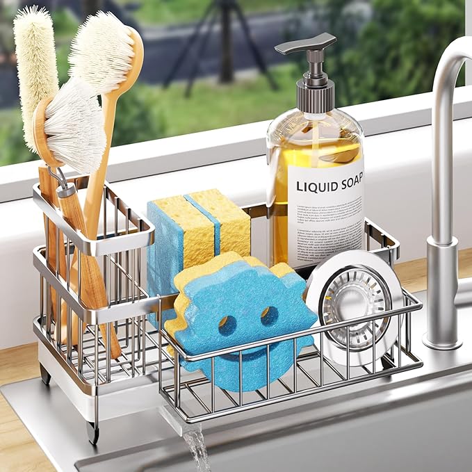 Consumest Sponge Holder for Kitchen Sink - Auto Draining Sink Caddy Organizer with Detachable Rack, High Brush Holder, Kitchen Countertop Storage Accessories, Silver