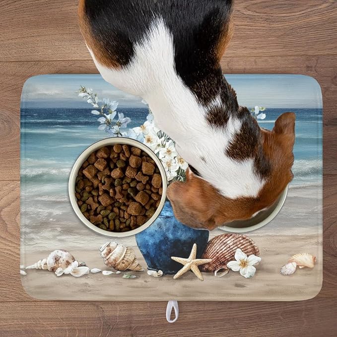 Summer Beach Dish Drying Mat for Kitchen Counter Nautical Coastal Blue Ocean Vase Floral Seashells Microfiber Dish Drainer Mat Absorbent Washable Drying Pad 18"x24"
