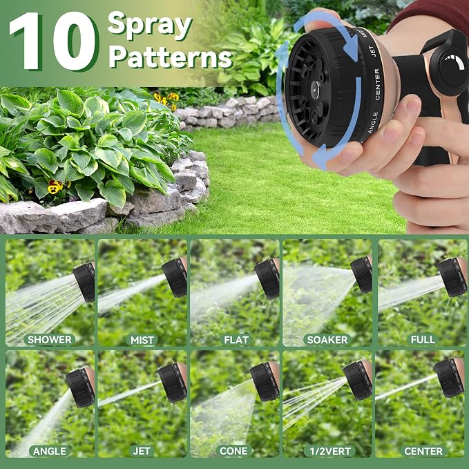 Garden Hose Nozzle Heavy Duty,Metal Water Hose Nozzle with 10 Adjustable Spray Patterns, High Pressure Hose Sprayer Nozzle Thumb Control On Off Valve for Lawn & Plant Watering, Car & Pet Washing