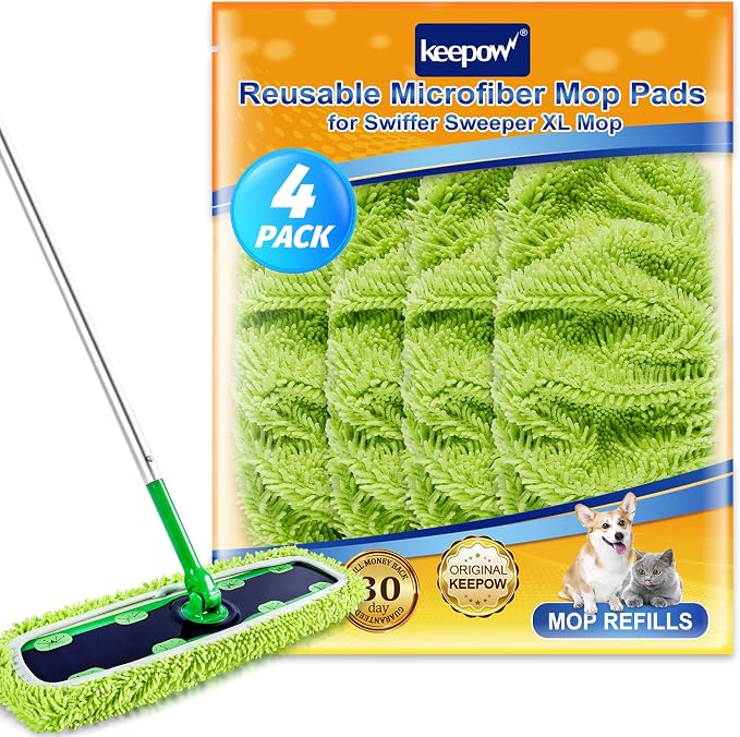 KEEPOW Reusable XL Mop Pads Compatible with Swiffer XL Sweeper, X-Large Dry Sweeping Cloths, Wet Mopping Cloths, Washable Microfiber XL Wet Pads Refills for Surface/Hardwood Floor Cleaning, 4 Pack