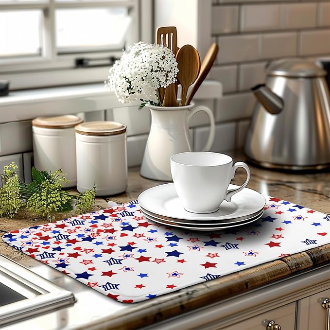4th of July Dish Drying Mat for Kitchen Counter Patriotic Stars Dishes Drainer Mats Independence Memorial Day Microfiber Absorbent Dish Draining Pad Extra Large 18"x24"