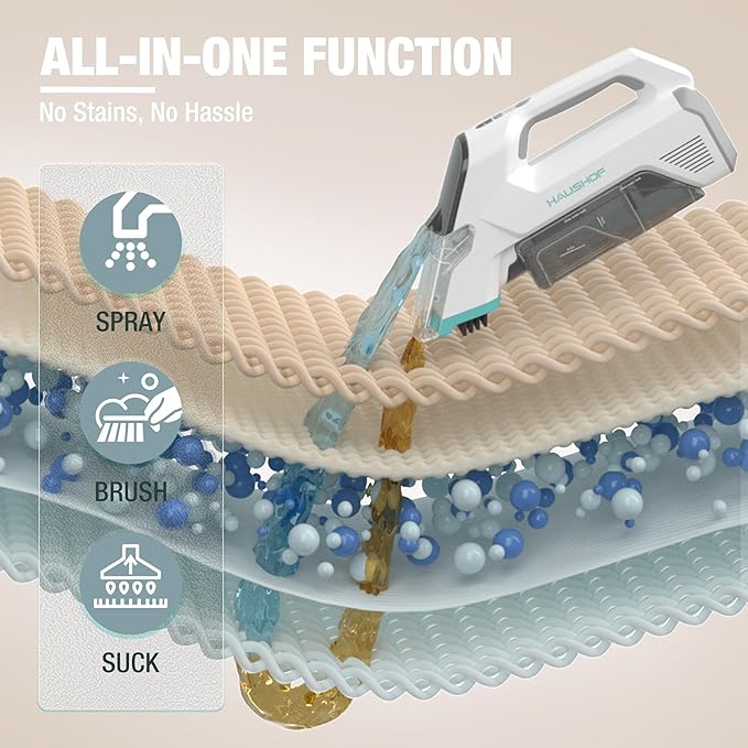 HAUSHOF 12V Cordless Handheld Carpet Cleaner, 6.5KPa Suction | 2 Water Tanks, Type-C Charging, Spot & Stain Cleaner, Portable Design for Carpet, Upholstery, Stairs & Car