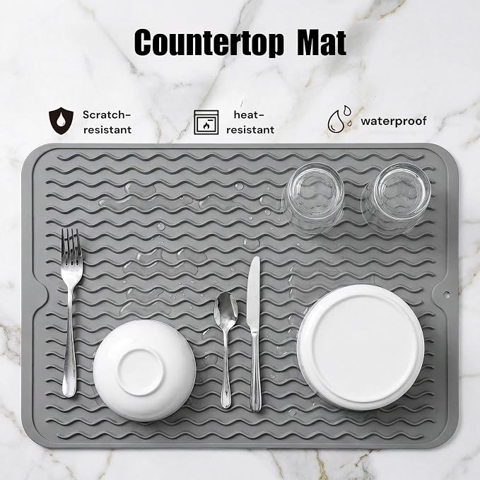 MicoYang Silicone Dish Drying Mat, Grey, 16"×12" | Quick-Dry Ridges, Heat-Resistant Trivet to 450°F, Non-Slip & Dishwasher Safe, Roll-Up Storage, 18 Colors & 9 Sizes Available