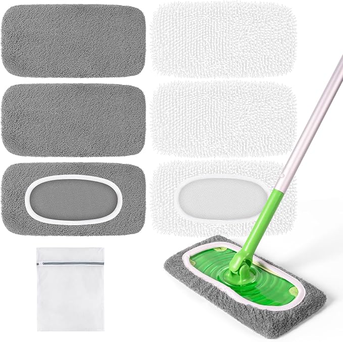 6 Pack Reusable Mop Pads for Swiffer, Washable Wet Pads Refill, Gray&White | Compatible with Swiffer Sweeper Mop | Microfiber Mop Pads for Swiffer | Dry Sweeping Cloths for Mopping Floors