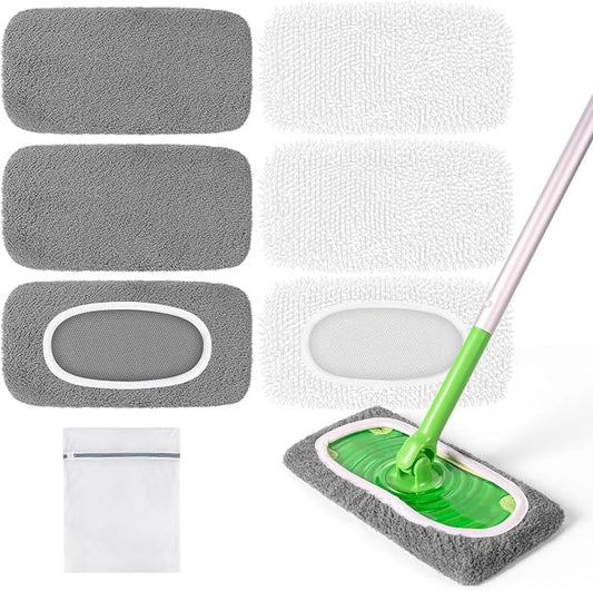 6 Pack Reusable Mop Pads for Swiffer, Washable Wet Pads Refill, Gray&White | Compatible with Swiffer Sweeper Mop | Microfiber Mop Pads for Swiffer | Dry Sweeping Cloths for Mopping Floors