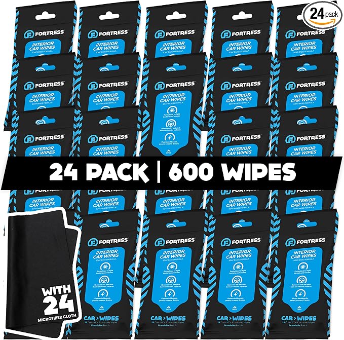 Fortress Car Interior Wipes with Microfiber Cloth (25 ct, Pack of 24) for Car Interior Cleaning, Dashboard, Seats, Detailing, and Steering Wheel [Travel Size] Skin-Safe Car Interior Cleaner Supplies