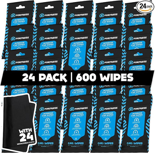 Fortress Car Interior Wipes with Microfiber Cloth (25 ct, Pack of 24) for Car Interior Cleaning, Dashboard, Seats, Detailing, and Steering Wheel [Travel Size] Skin-Safe Car Interior Cleaner Supplies