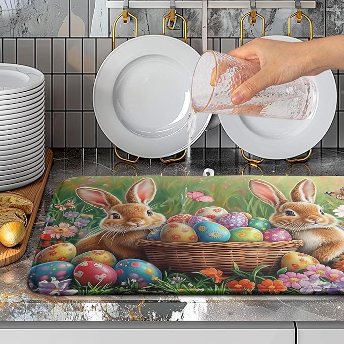 Easter Bunny Eggs Dish Drying Mat for Kitchen Counter 18x24 Inch Spring Easter Rabbit Flowers Large Drying Mat Microfiber Dish Drainer Rack Mats Absorbent Reversible Dishes Pad Dish Dryer Mat