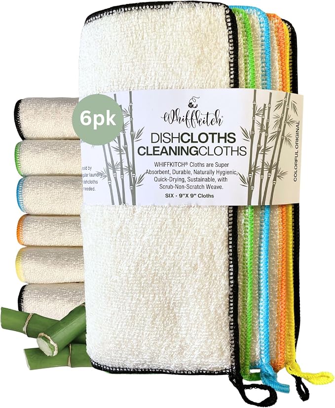 Whiffkitch Dishcloths Dishrags for Kitchen and Household Cleaning 9x9 6-Pack Non-Scratch 2-Ply Weave, Bamboo-Rayon Fabric, Absorbent, Washable, Long-Lasting