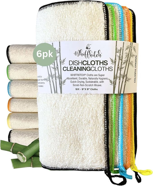 Whiffkitch Dishcloths Dishrags for Kitchen and Household Cleaning 9x9 6-Pack Non-Scratch 2-Ply Weave, Bamboo-Rayon Fabric, Absorbent, Washable, Long-Lasting