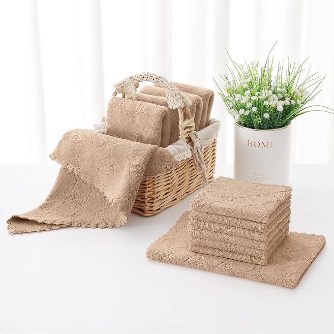 Homaxy Kitchen Towels and Dishcloths Set, 10 x 10 and 13 x 19 Inches, Set of 12 Super Soft and Absorbent Coral Velvet Kitchen Towels, No Lint and Nonstick Oil Fast Drying Dish Towel, Tan