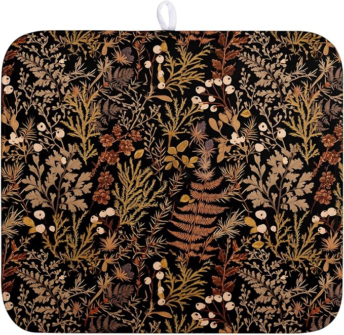 Black Burnt Orange Botanical Fall Dish Drying Mat for Kitchen Counter Seasonal Autumn Vintage Plant Floral Leaf Dish Mat Thanksgiving Absorbent Microfiber Dishes Drainer Pad Medium 16"x18"