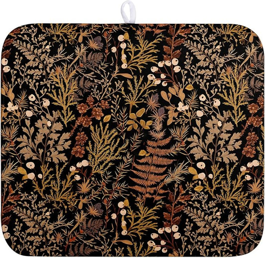 Black Burnt Orange Botanical Fall Dish Drying Mat for Kitchen Counter Seasonal Autumn Vintage Plant Floral Leaf Dish Mat Thanksgiving Absorbent Microfiber Dishes Drainer Pad Medium 16"x18"