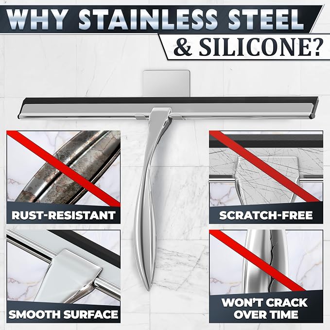 Shower Door Squeegee with Hook, 14" Silicone Blade, Steel (Silver) | Squeegee for Shower Glass with Adhesive Mount; All-Purpose Bathroom Tile, Mirror, & Window Wiper for Streak-Free Cleaning