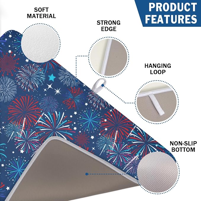 4th of July Patriotic Dish Drying Mat for Kitchen Counter 18 x 24 Inch Independence Day Dish Drainer Mat Absorbent Microfiber Firework Dish Rack Pad for Coffee Dining Bar Decor
