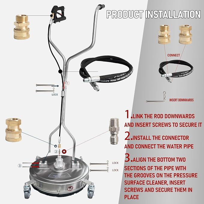 Hourleey 20" Pressure Washer Surface Cleaner with Dual Handles, Stainless Steel Surface Cleaner with 4 Wheels for Driveways, Pathway, Sidewalks, Patios, Decks, 4500 PSI with 3/8" Quick Connector Kit