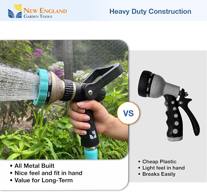 Heavy Duty Metal Fireman’s Hose Nozzle 500003, 10-Pattern Hose Sprayer with Lever Control & Comfort Grip, High Flow Design, by New England Garden Tools, for Watering Plants, Yards, Washing Cars & Pets