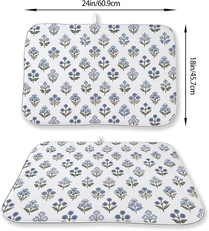 Blue Green Dish Drying Mat 18x24 Inch Vintage Block Print Floral Drying Mat Spring Summer Flower Seasonal Absorbent Dish Drying Pad Dish Rack Drainer Mats for Kitchen Dining Counter