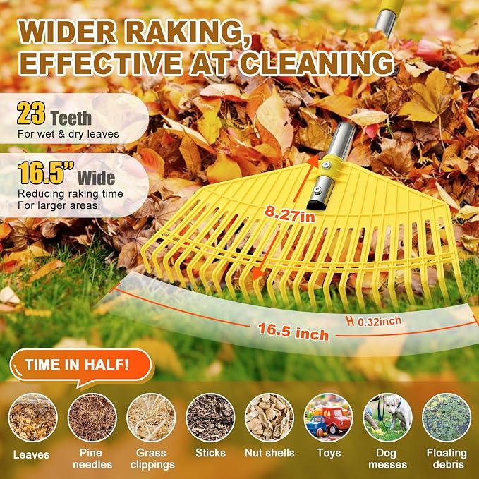Leaf Rake - 16.5" Wide Nylon Plastic Head,65" Adjustable Handle,Heavy Duty for Leaves,Grass,Pine Needle,Mulch, Small Debris,Lawn-Friendly Tines,Lightweight for Women,Seniors & Kids