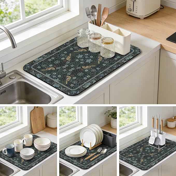 Dish Drying Mat for Kitchen Counter 12x20 Inch, Boho Quick Dry Coffee Mat | Made of super absorbent diatomite that quick dries dishes, coffee machine & sink area. Non-slip rubber base for countertop
