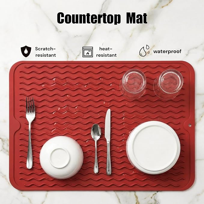 MicoYang Silicone Dish Drying Mat — Quick-Dry Ridges Counter & Sink Pad, Heat-Resistant Trivet to 450°F, Non-Slip & Dishwasher Safe, Roll-Up Storage, 18 Colors & 9 Sizes (Red, 16"×12")
