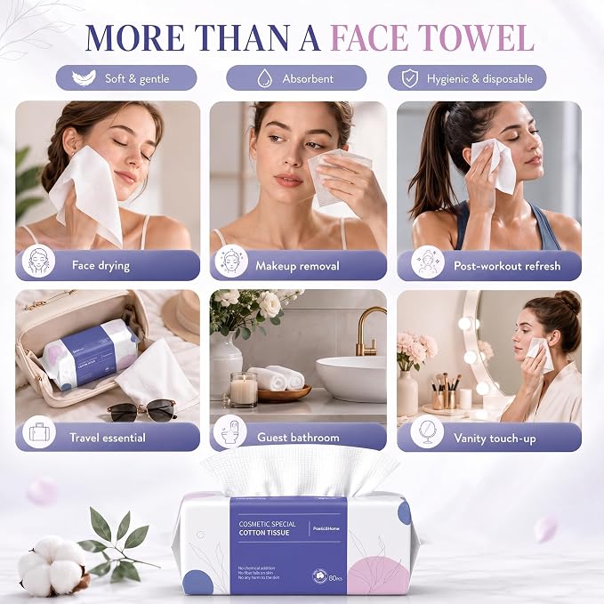 PoeticEHome Extra Thick Face Towels Disposable | Cotton Soft Dry Wipes Biodegradable for Facial Cleansing & Makeup Remover (4 Pack)