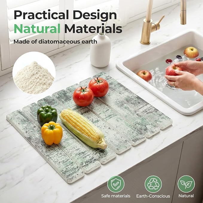 Findosom Stone Dish Drying Mat for Kitchen Counter, 15.7" × 11.8" Foldable Non-Slip Stone Drying Mat with Abstract Pattern, Heat Resistant Diatomaceous Earth Mat for Bath, Dishes, Cups, Green