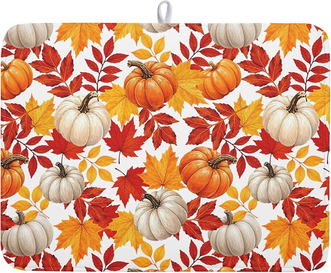 Fall Pumpkin Dish Drying Mat for Kitchen Counter 18x24 Inch Autumn Pumpkins Maple Leaves Drying Mats Thanksgiving Absorbent Reversible Dish Pad Fast Dry Drainer Mat Protector for Countertop Coffee Bar